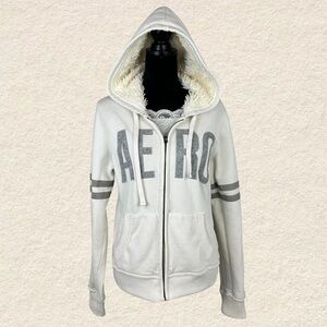 Aeropostale Y2k Gray and White Hooded Faux Fur lined Zipper Jacket